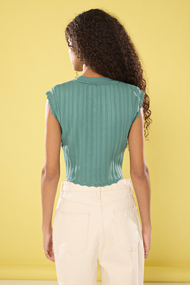 Yeşil Crop Bisiklet Yaka Ajurlu İnce Triko Bluz TWOSS25BZ00310 - 4