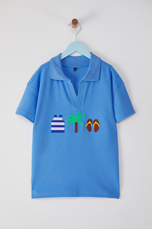 Bebe Mavisi Erkek Çocuk %100 Pamuk Baskılı Polo Yaka Örme T-Shirt TKDSS25TS00081 - 1