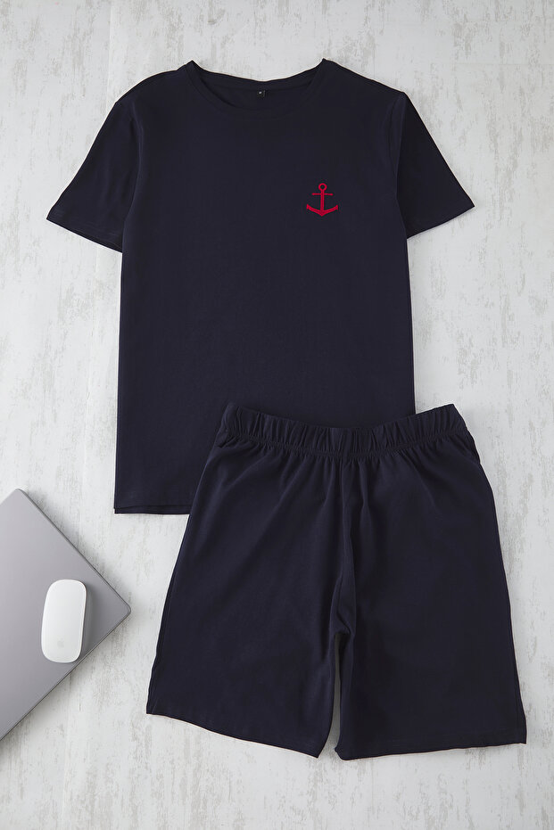 Lacivert Slim Fit Çapa Nakışlı Şortlu Örme Pijama Takımı TMNSS25PT00068 - 2