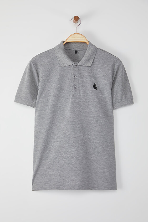 Gri Melanj Regular/Normal Kesim At Nakış Detaylı Polo Yaka T-shirt TMNSS25PO00017 - 7