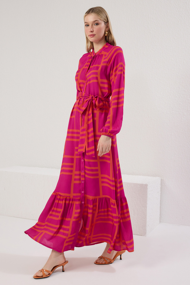 Women's Fuchsia Geometric Patterned Belted Viscose Woven Dress