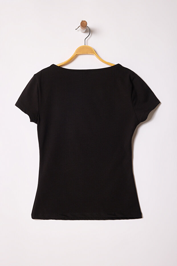 Siyah Kare Yaka Fitted/Vücuda Oturan Örme Bluz TWOSS25BZ00378 - 7