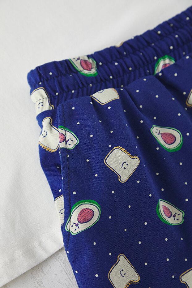 Ekru - Lacivert Regular Fit Baskılı Couple/Çift Örme Şortlu Erkek Pijama Takımı TMNSS25PT00051 - 4