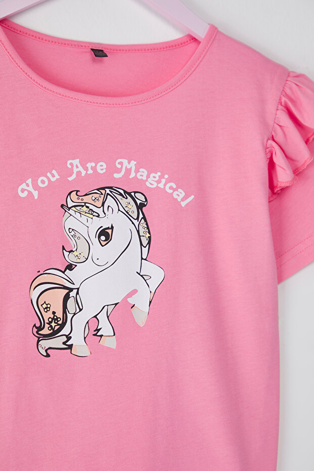 Pembe Kız Çocuk %100 Pamuk Baskılı Fırfır Detaylı Kısa Kol Örme T-Shirt TKDSS25TS00061 - 2