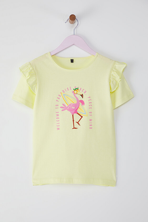 Sarı Kız Çocuk %100 Pamuk Flamingo Baskılı Kısa Kol Örme T-Shirt TKDSS25TS00061 - 1