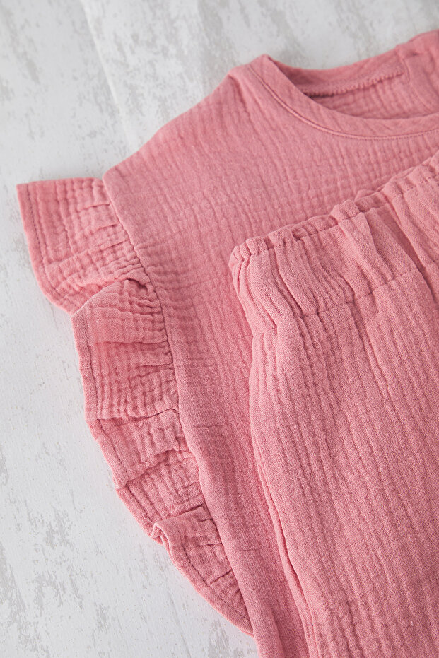 Pembe Kız Çocuk Basic Fırfır Detaylı T-Shirt Şort Müslin Dokuma Alt-Üst Takım TKDSS25AU00120 - 2