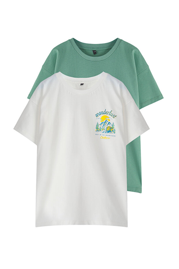 Ekru-Yeşil 2'li Paket Erkek Çocuk Oversize Örme T-Shirt TKDSS25TS00054 - 1