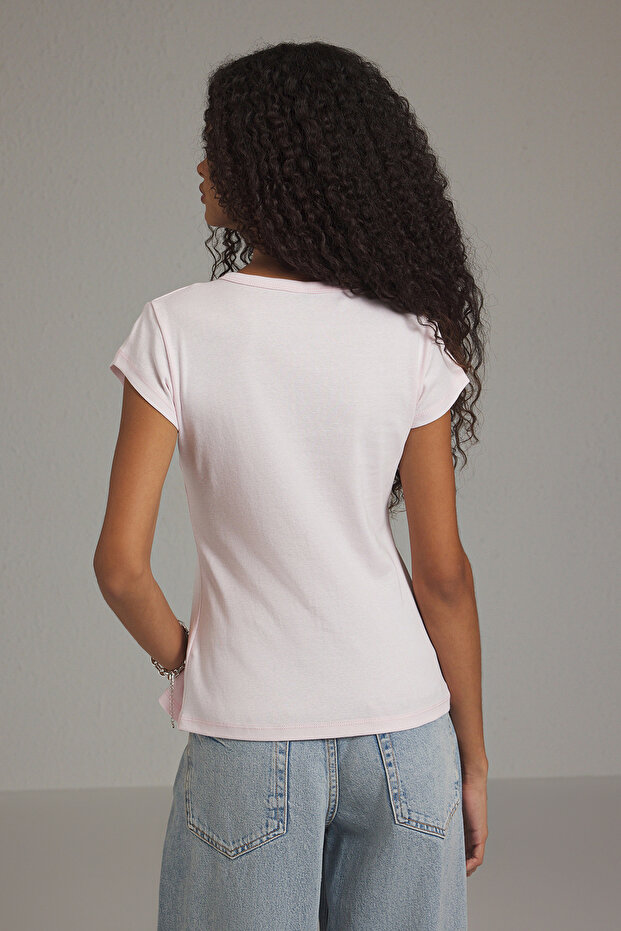 Pembe Düğmeli Fitted/Vücuda Oturan Örme Bluz TWOSS25BZ00281 - 4