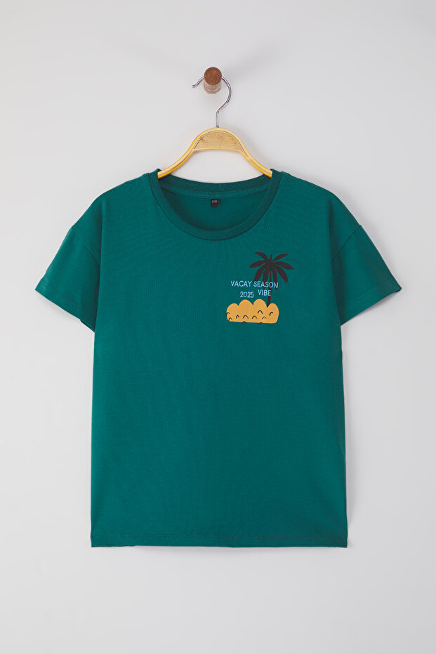 Petrol Erkek Çocuk %100 Pamuk Baskılı Regular/Normal Kalıp Kısa Kol Örme T-Shirt TKDSS25TS00088 - 1