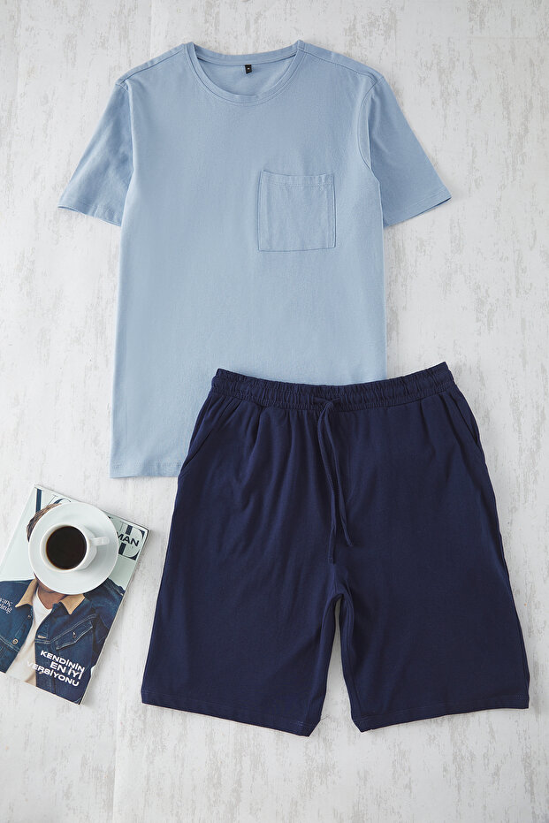 İndigo - Lacivert Regular Fit %100 Pamuk Örme Şortlu Pijama Takımı TMNSS25PT00033 - 2