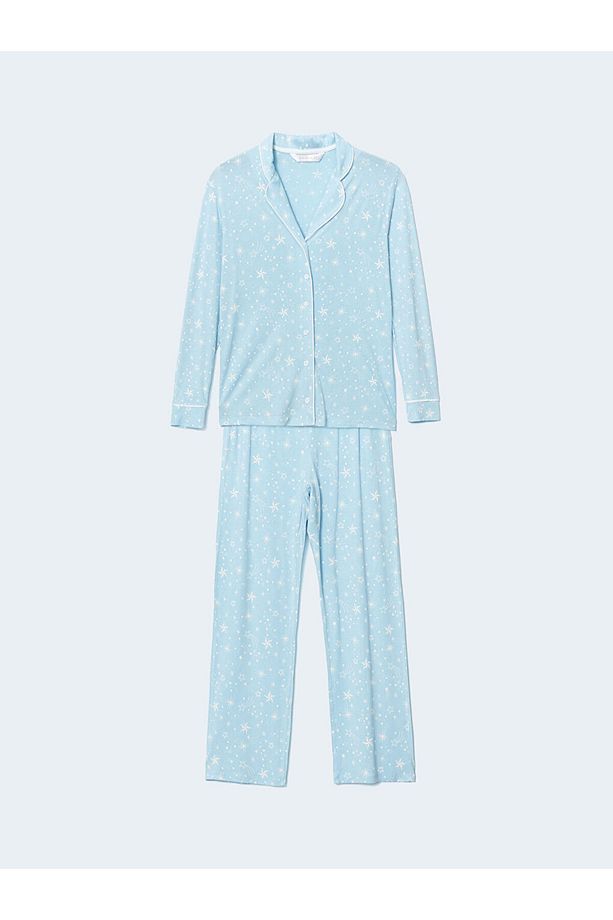 LCW DREAM Mavi Gömlek Yaka Desenli Kadın Pijama Takımı - 5