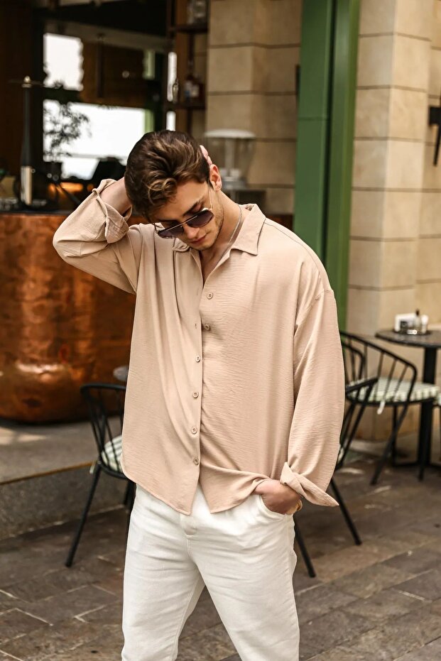 Erkek Bej Bol Kesim Oversize Salaş Gömlek - 1