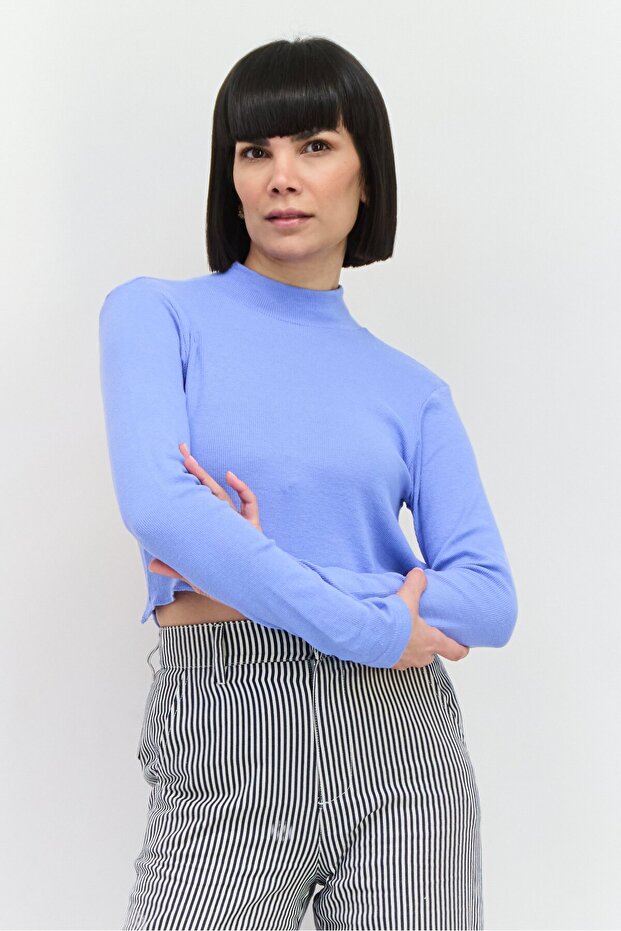 Women High Neck Long Sleeves Ribbed Backless Top, Light Blue