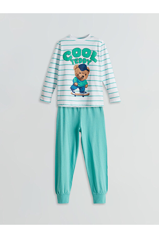 Lcw Kids White Bicycle Collar Bear Teddy Printed Boys Pajama Set