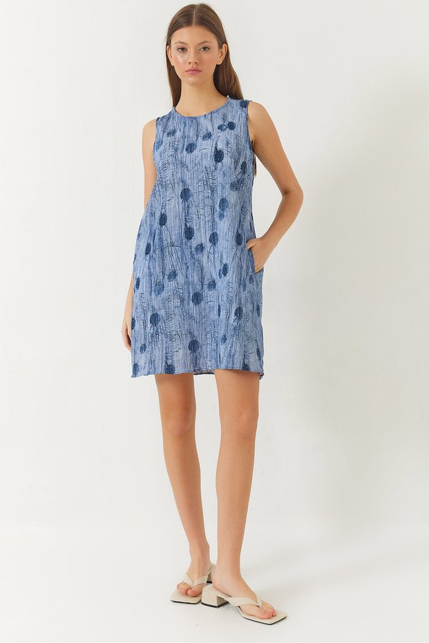 Women's Blue A-Line Printed Dress with Pocket Detail 70306 60271062