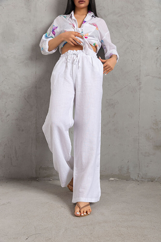 100% Linen Wide Leg Loose Fitting Lace up Elastic Women's Trousers @Leon