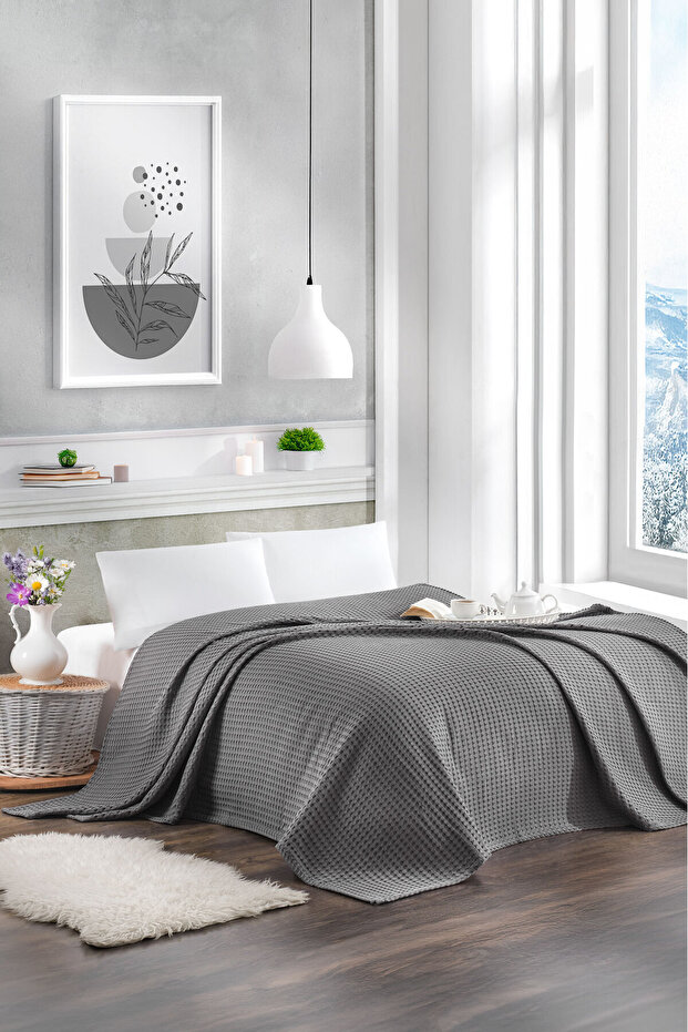 Double Gray Color Waffle Pike 100% Cotton 200X220 cm