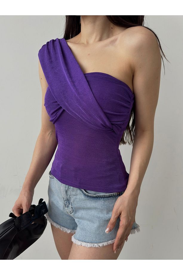 Kadın Tek Omuz Drape Detaylı Bluz Mor - 6