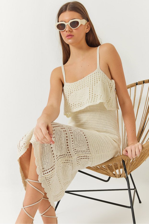Women's Ecru Floral Detailed Strappy Openwork Layered Detailed Knitwear Dress 60261407