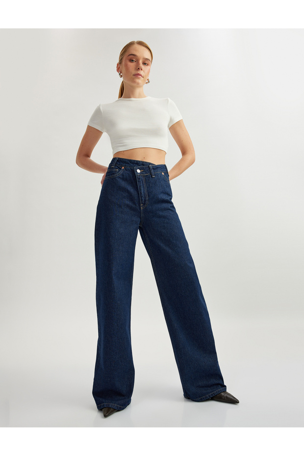Loose Straight Fit Cotton Button Detailed Denim Trousers - Loose Straight Fit Jean