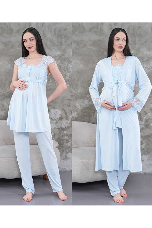 Women's Blue Lace Summer Special Design Cotton Maternity Maternity Dressing Gown Pajama Set Set