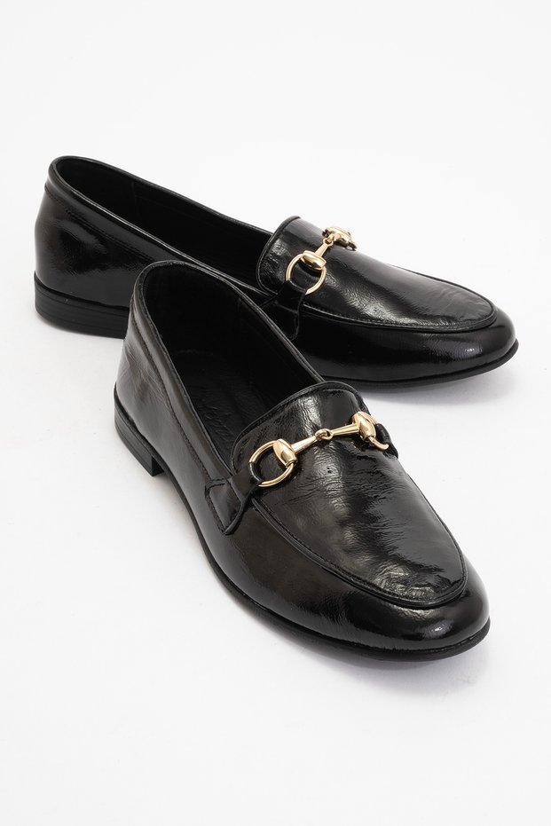 Trexie Black Patent Leather Genuine Leather Buckle Women's Loafer Shoes