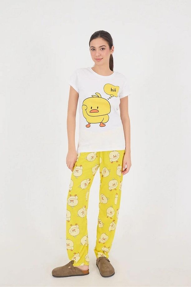 Kadın Sarı Alt-üst Pijama Takımı, Civciv Baskılı - 1