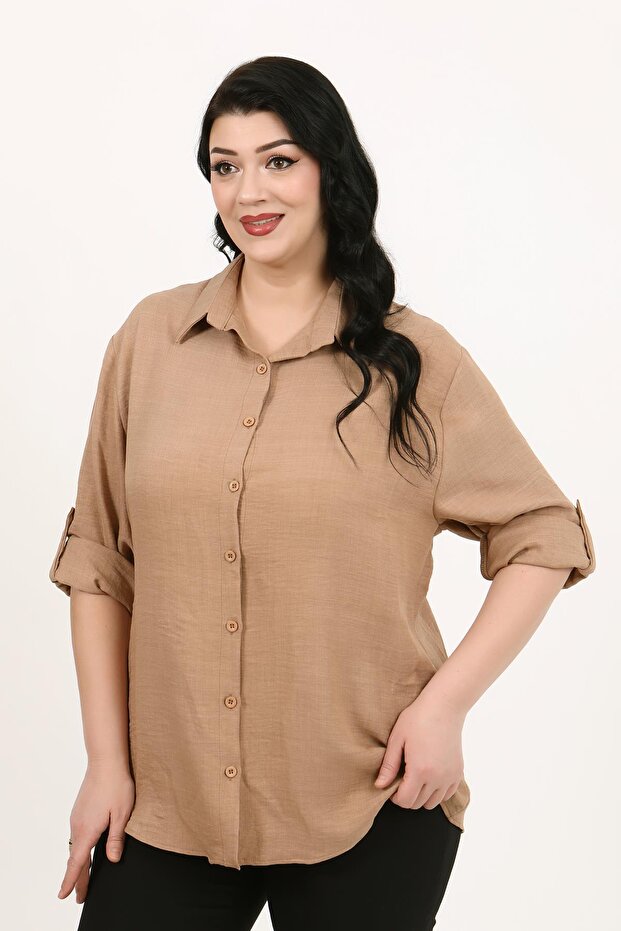 Women's Light Brown Soft Linen Plus Size Shirt