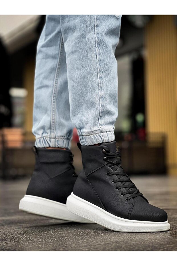 Yüksek Taban Ayakkabı B-080 Siyah (Beyaz Taban) - 3