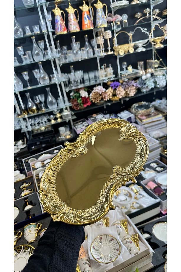 6 lı Metal Gold Çay Kahve Sunum Tepsisi Tek Kişilik 6 Adet - 1
