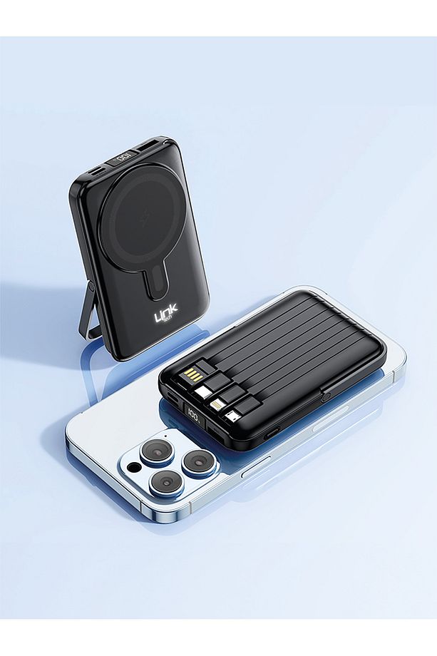 WF27 Mini LED Ekranlı Kablosuz Şarjlı 10.000 mAh Çoklu Kablolu Powerbank - 1