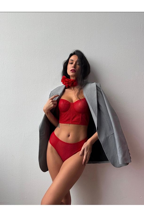 Simli Bralet Alt Üst Kırmızı Büstiyer Takım - 2
