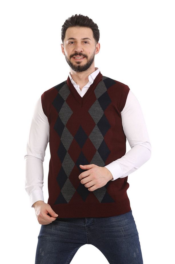 Erkek ve Orta Yaş Baklava Desenli Kışlık Kalın Triko V Yaka Triko Süveter - 4