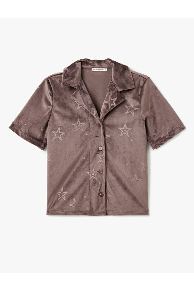 Shirt Collar Star Print Short Sleeve Velvet Sleepwear Top