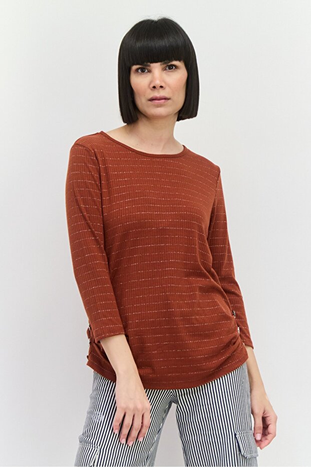 Women Round Neck Stripe Long Sleeve Top, Brown