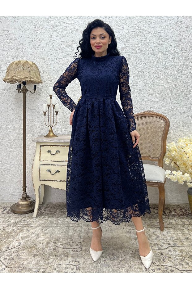 Navy Blue High Neck Lace Dress