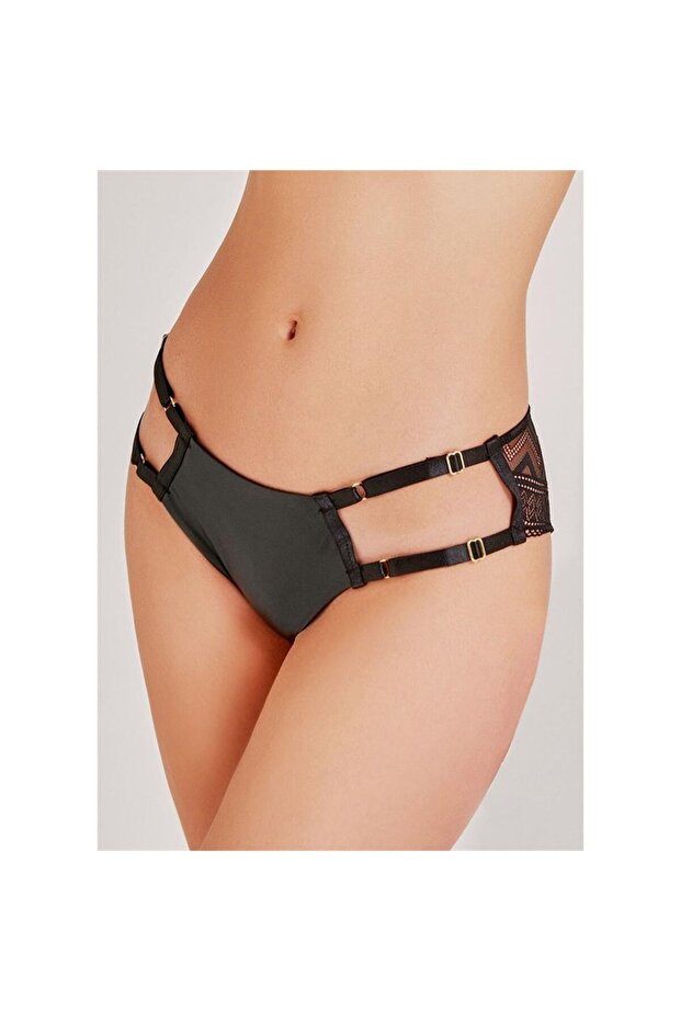 748 Deri Zigzag Dantelli Külot - Siyah - 1