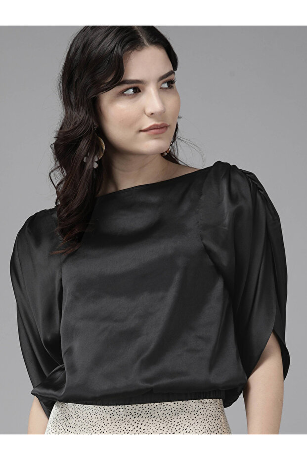 Satin Boat Neck Top with Slit Sleeves