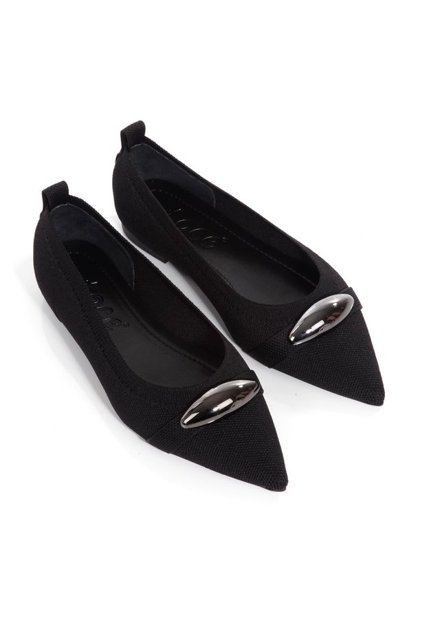 Women's Black Oval Buckle Detailed Pointed Toe Knitted Ballet Ballet