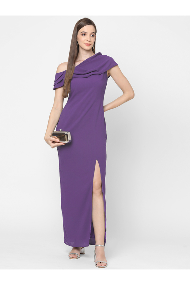 Draped Asymmetric Neck Sheath Maxi Dress with High Slit