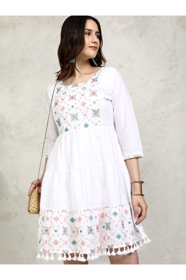 Floral Embroidered Fit and Flare Mini Dress with Tassel Detail