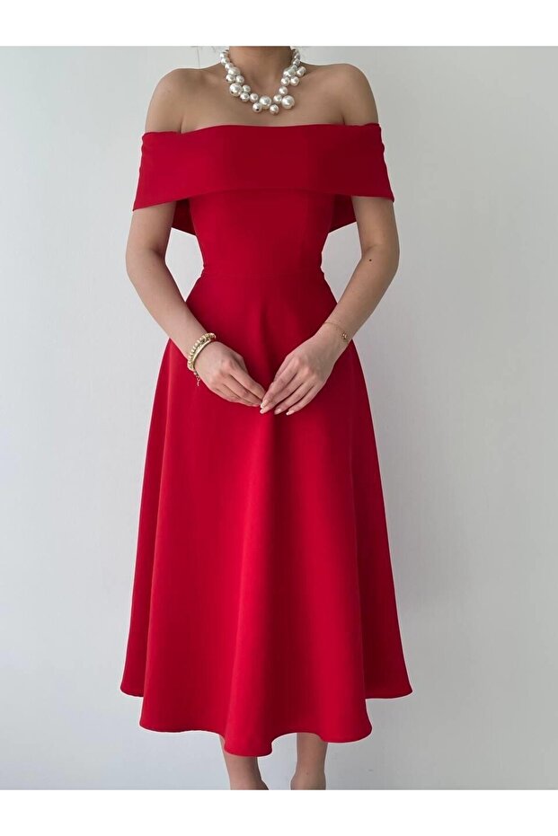 Madonna Collar Off-Shoulder Midi Length Red Dress