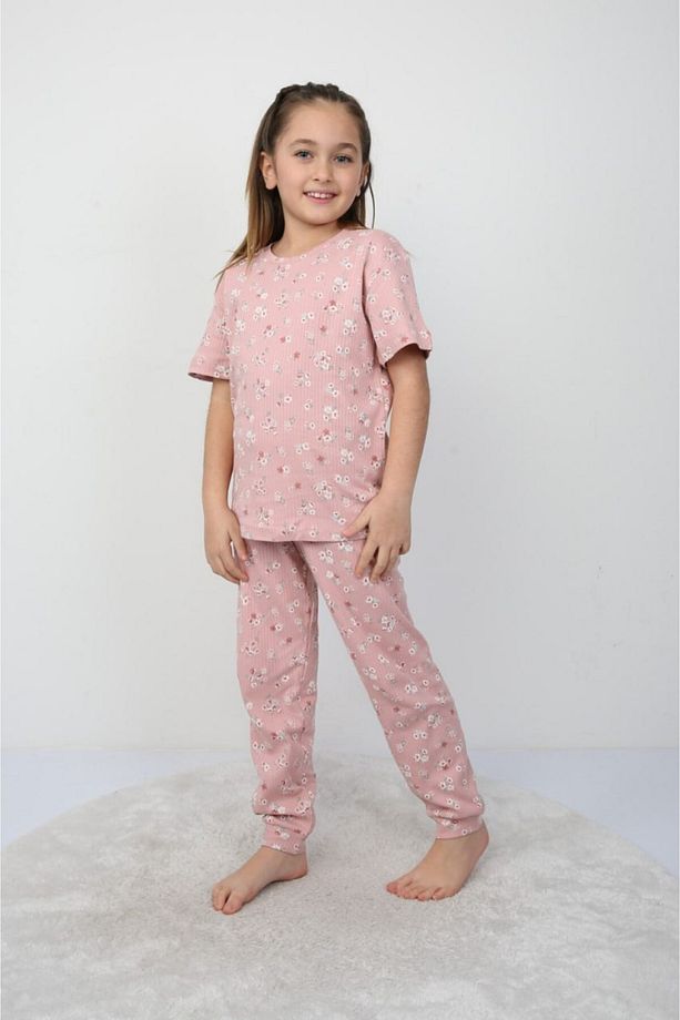 %100 Pamuk Interlok Kumaş Çiçekli Kısa Kollu Kız Çocuk Pijama Takımı (3,4,5,6,7,8,9,10,11,12 YAŞ) - 2