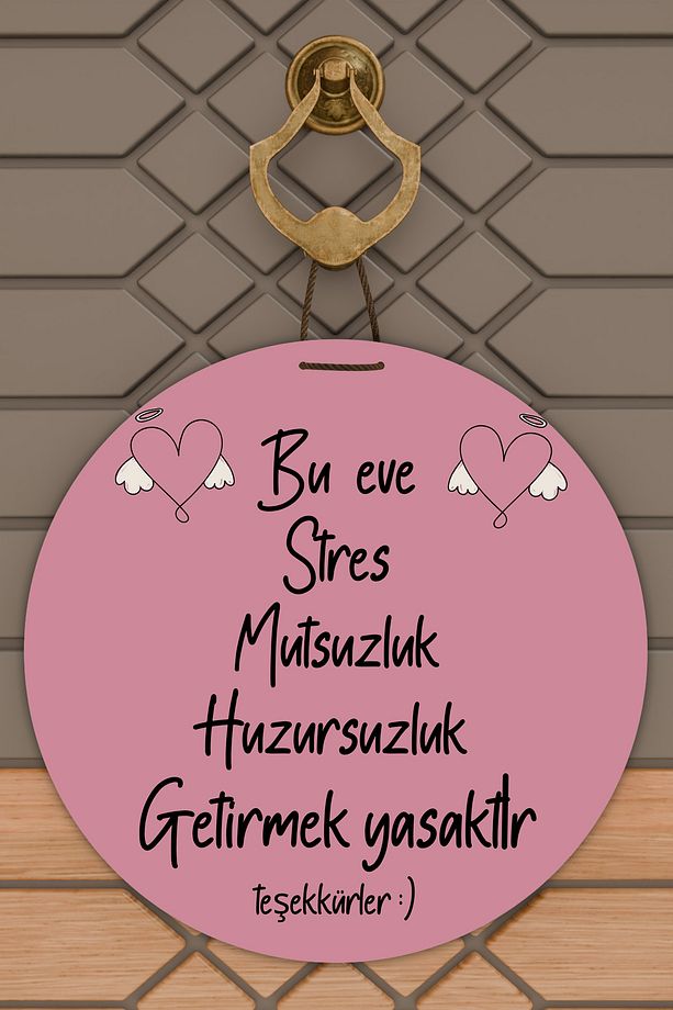 Modern Ahşap Kapı Süsü - Pembe Zemin Bu Ev Stres Yasak Duvar Süsü - Dış Mekan Kapi Susu - 1