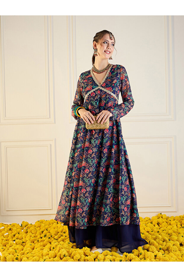 Floral Print Cut-Out Back Detail Anarkali Kurta