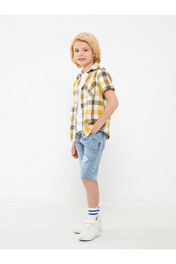 LCW Kids Sarı Ekose Kısa Kollu Erkek Çocuk Gömlek - 1