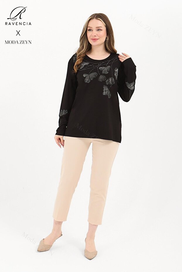 Black Viscose Blouse with Lycra for Middle-Aged and up - Gonca Leaf Pattern and Stone Embroidery - 3