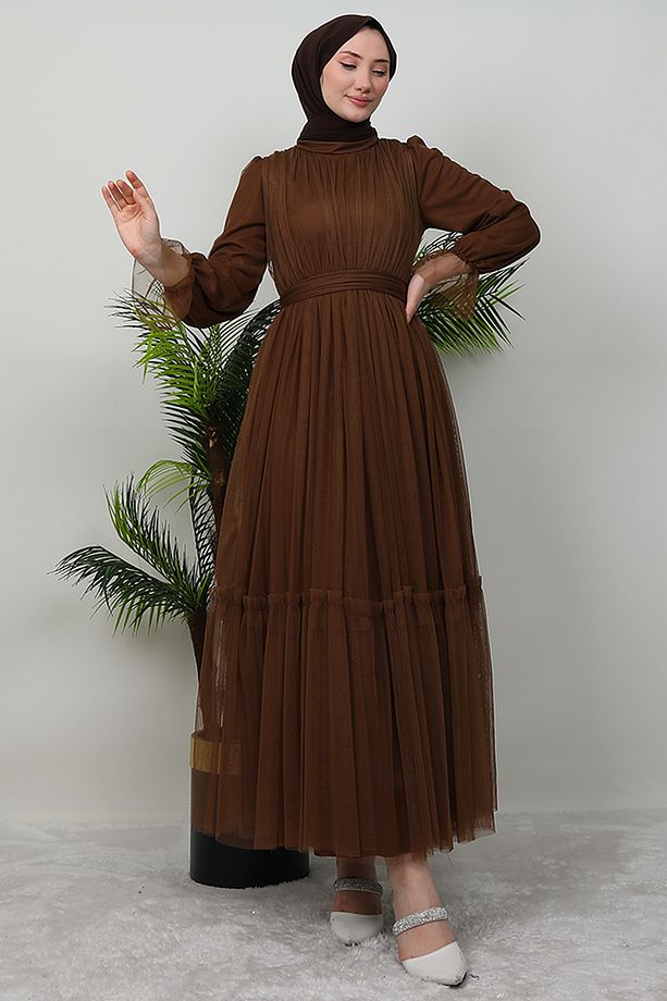 Kuşaklı Fırfırlı Tül Elbise Kahve - 5
