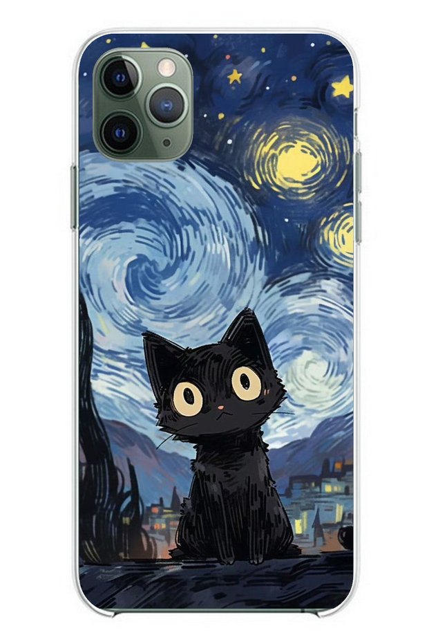 جراب سيليكون شفاف بتصميم قطة منتصف الليل متوافق مع هاتف iPhone 11 PRO MAX