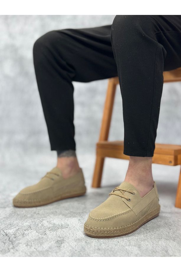 BA0358 BOA Doğal Deri Tozu Bağcıklı Kauçuk El Yapımı Espadril Taban Bej Renk Erkek Ayakkabı - 4